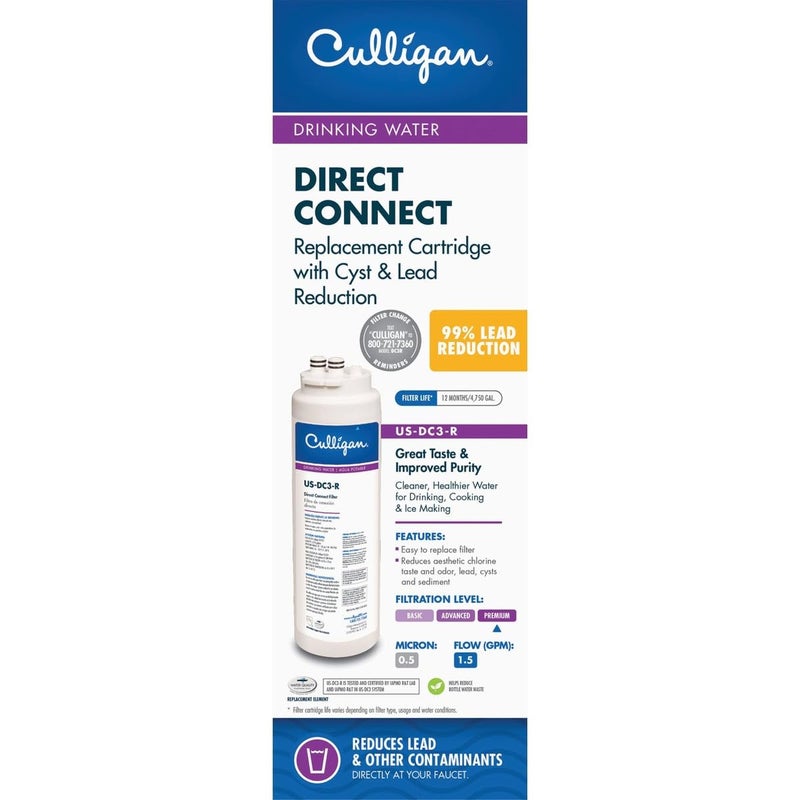 Culligan US-DC3-R Direct-Connect Under-Sink Water Filter Cartridge â€“ Quick Twist-Lock, 4,750-Gallon/12-Month Capacity, Removes Lead, Chlorine, Taste & Odor, Microbial Cysts